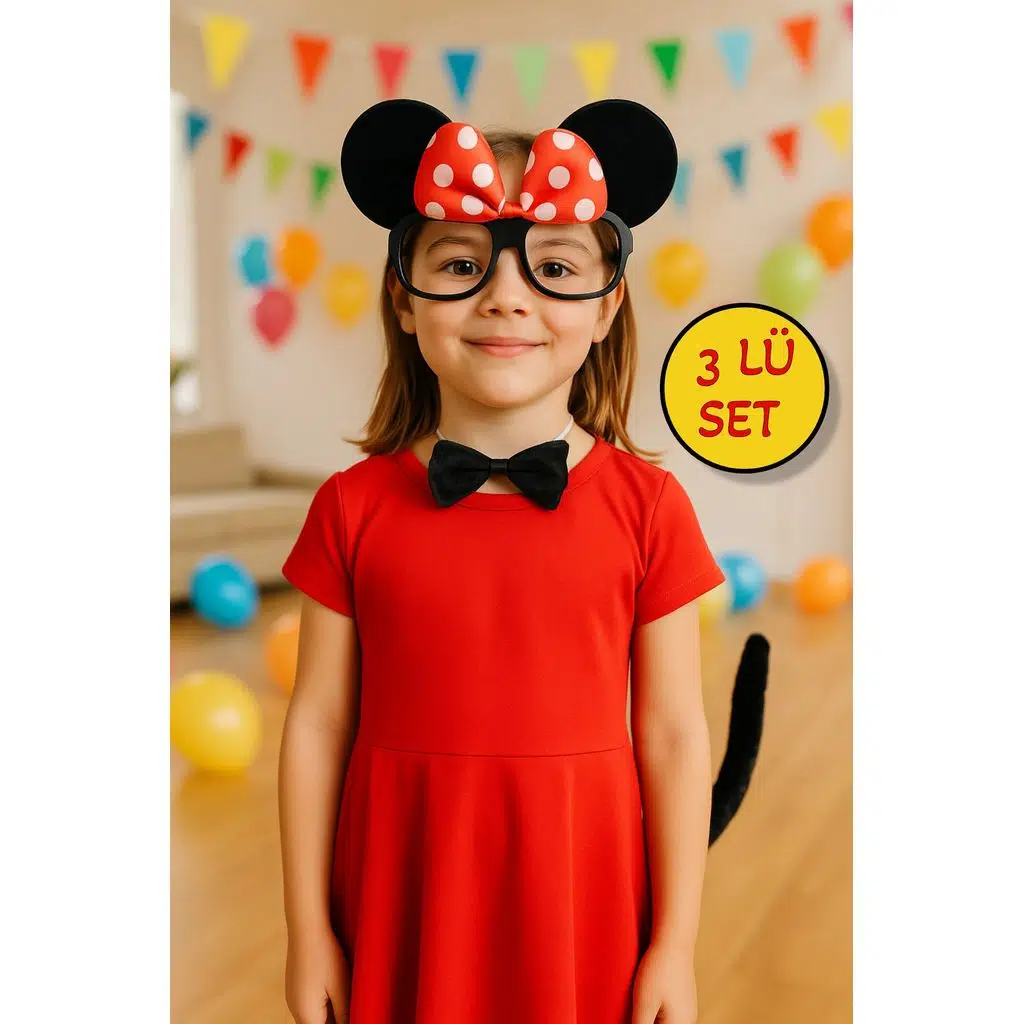 Minnie Mouse 3’lü Parti Kostüm Seti – Gözlük, Papyon ve Kuyruk Aksesuarları