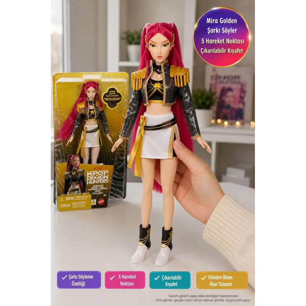 KPop Demon Hunters HUNTR/X Mira Golden Şarkı Söyleyen Bebek 5 Eklem Kıyafetli 35 cm