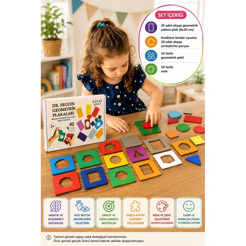 Montessori Ahşap Bultak Dr Seguin Geometrik Plakalar Renk Şekil Eşleştirme 40 Parça Plaka 6x10 cm