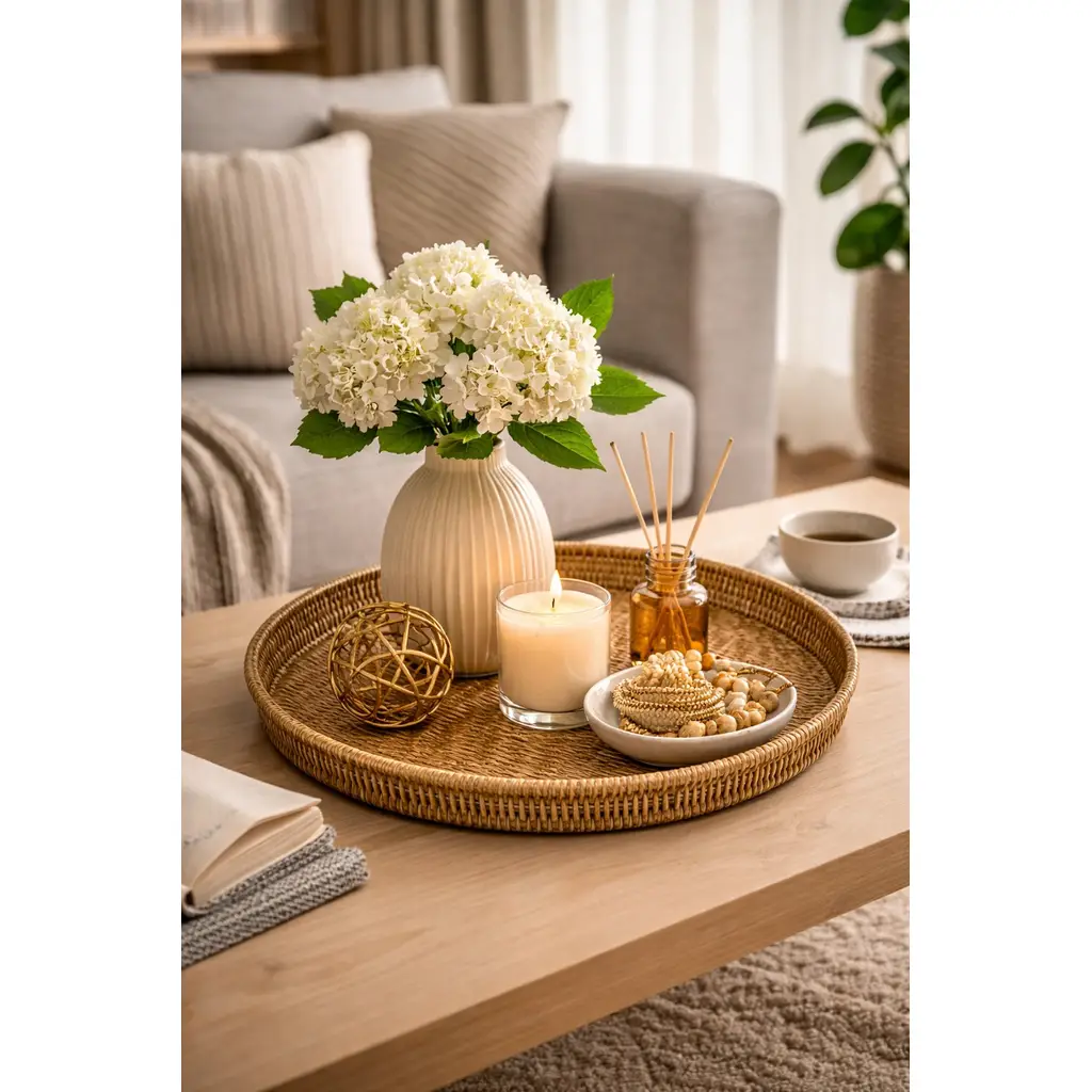 Doğal Hasır Görünümlü Plastik Rattan Tepsi Yuvarlak Dekor Servis Tepsisi Sunum Organizer 40 cm