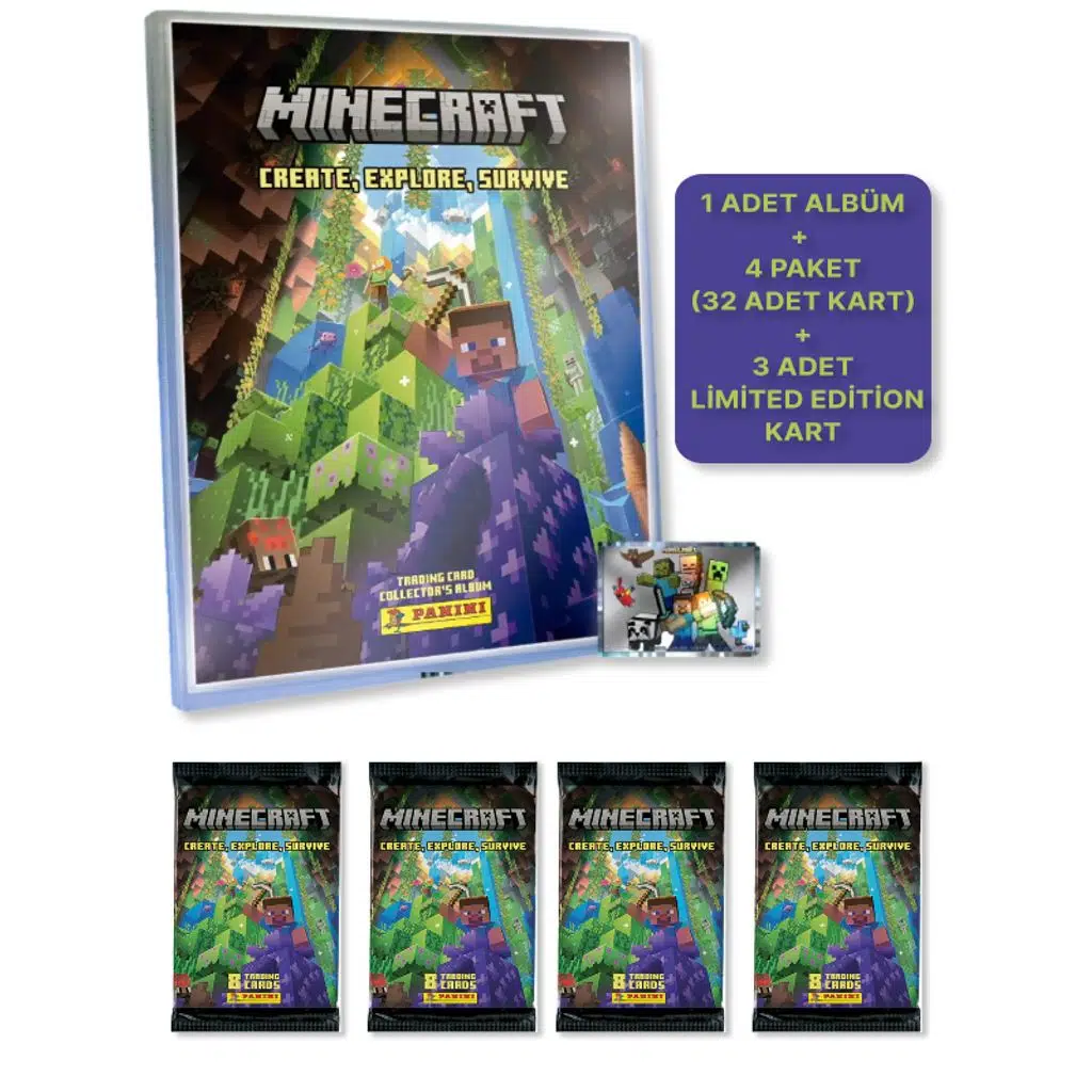 Panini Minecraft Create Explore Survive Starter Pack - Minecraft Başlangıç Paketi + 4 PAKET(35 Kart)