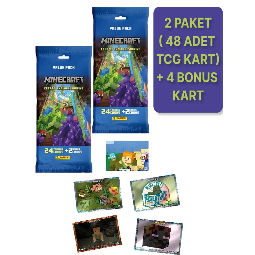 Panini Minecraft Create Explore Survive Trading Card - Fat Pack Kartı + 2 PAKET ( 52 Kart )