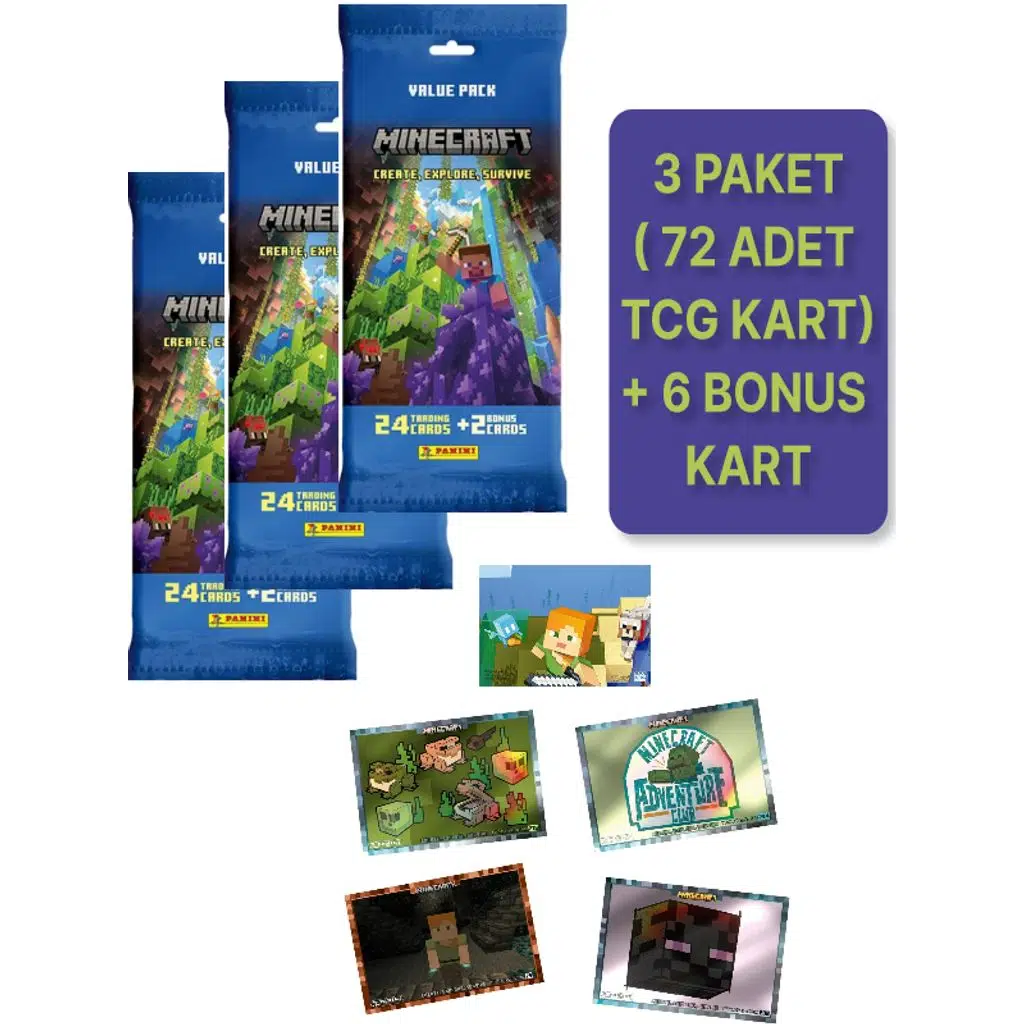 Panini Minecraft Create Explore Survive Trading Card - Fat Pack Kartı + 3 PAKET ( 78 Kart )
