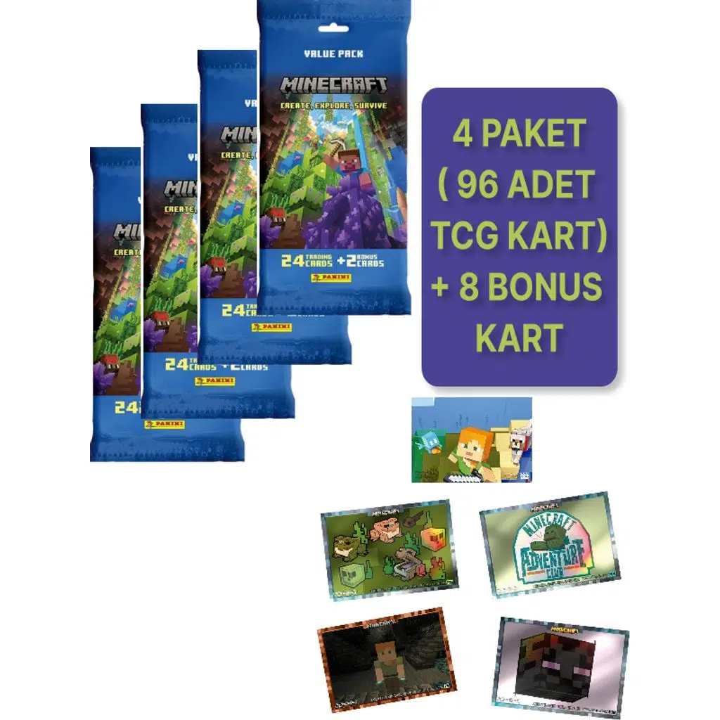 Panini Minecraft Create Explore Survive Trading Card - Fat Pack Kartı + 4 PAKET ( 104 Kart )