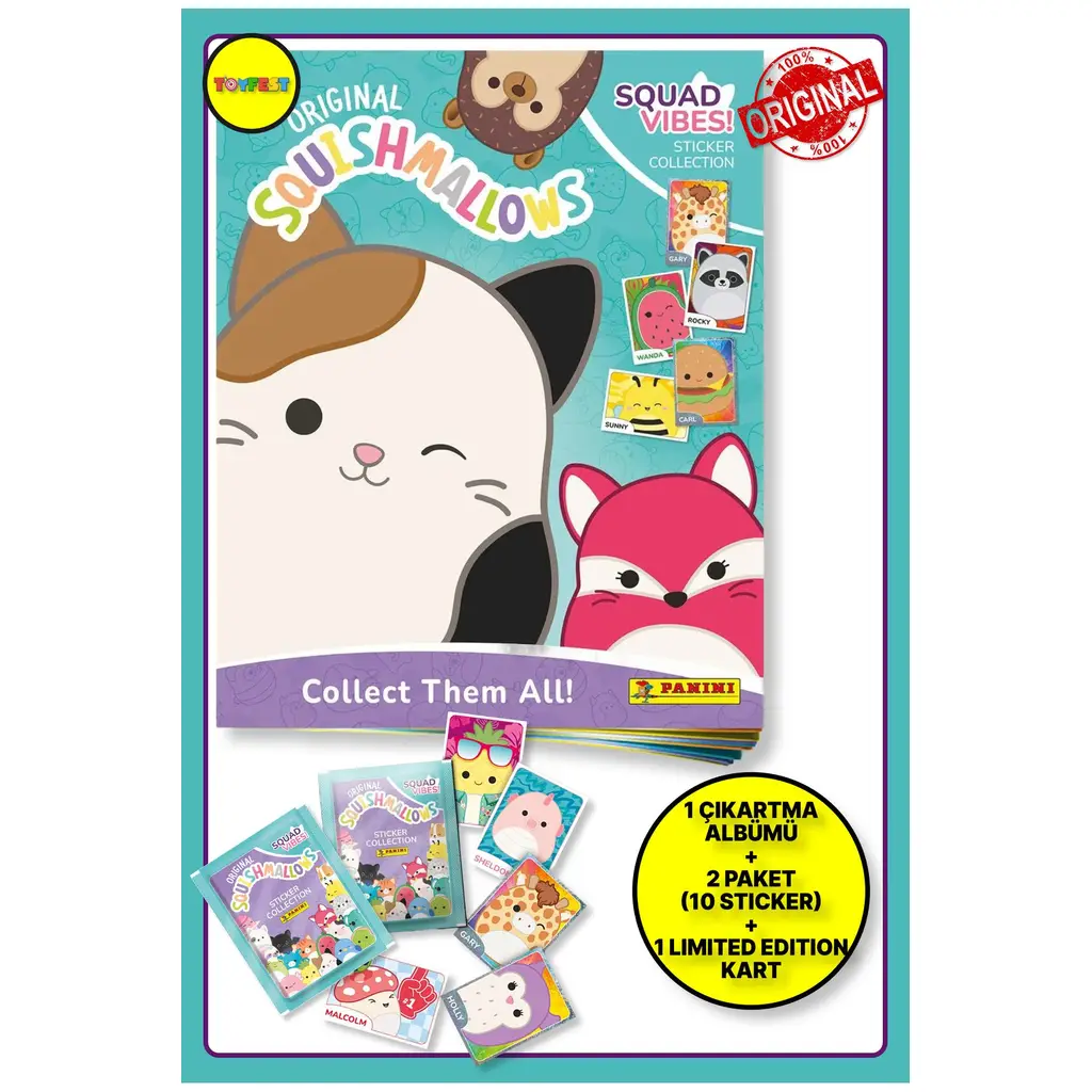 Panini Squishmallows Sticker Çıkartma Albüm Dergisi + 2 Paket (10 Adet Sticker)+ 1 Adet Limited Kart