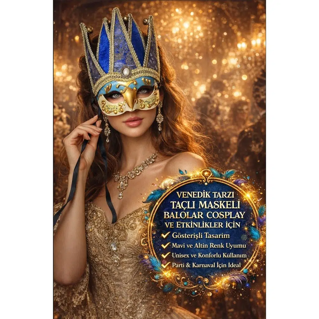 Venedik Tarzı Taçlı Yarım Yüz Maskesi Mavi Altın Karnaval Parti Cosplay Balo Kostüm Aksesuarı Unisex