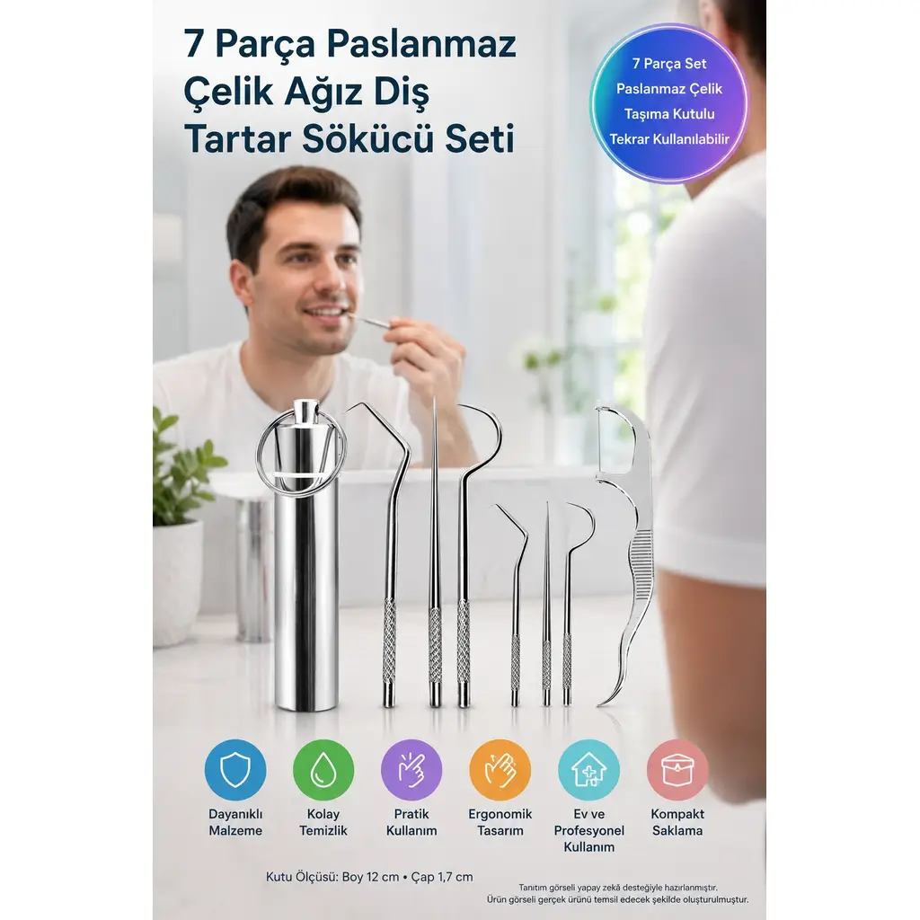 Paslanmaz Çelik Ağız Diş Tartar Sökücü Temizlik Bakım Seti - 7 Parça