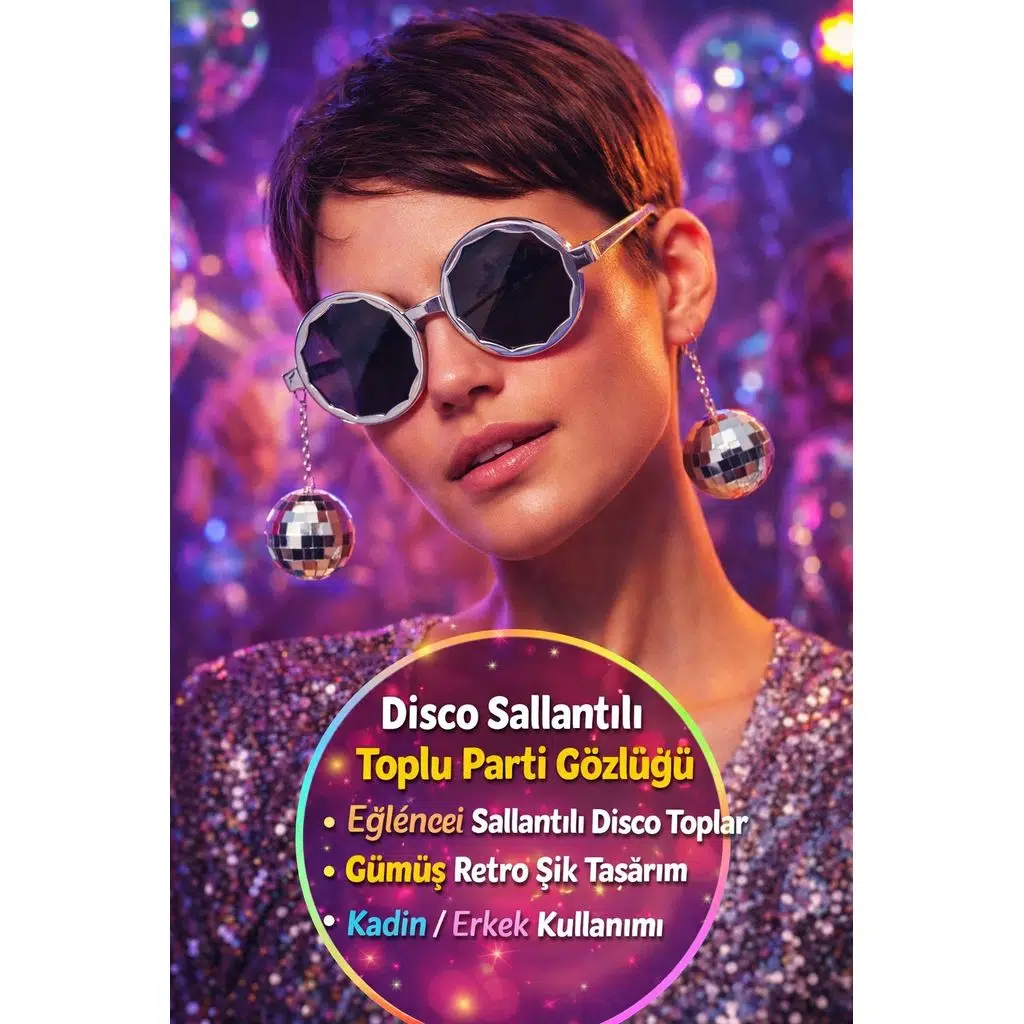 Gümüş Disco Toplu Parti Gözlüğü Yetişkin Kostüm Aksesuarı Retro Festival Yılbaşı Kadın Erkek Eğlence