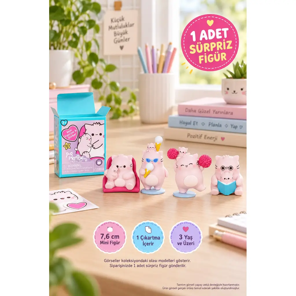 Pembe Kedi Sürpriz Paket Koleksiyonluk Mini Figür ve Çıkartma 1 Adet 7,6 cm