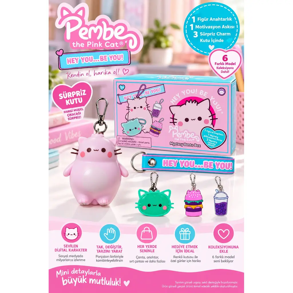 Pembe the Pink Cat Mystery Bento Box 5 Parça Anahtarlık Figür Charm Seti Hey You Be You 8 cm