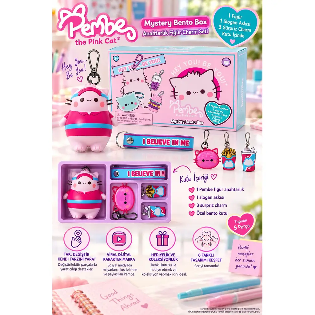 Pembe the Pink Cat Mystery Bento Box 5 Parça Anahtarlık Figür Charm Seti I Believe in Me 8 cm
