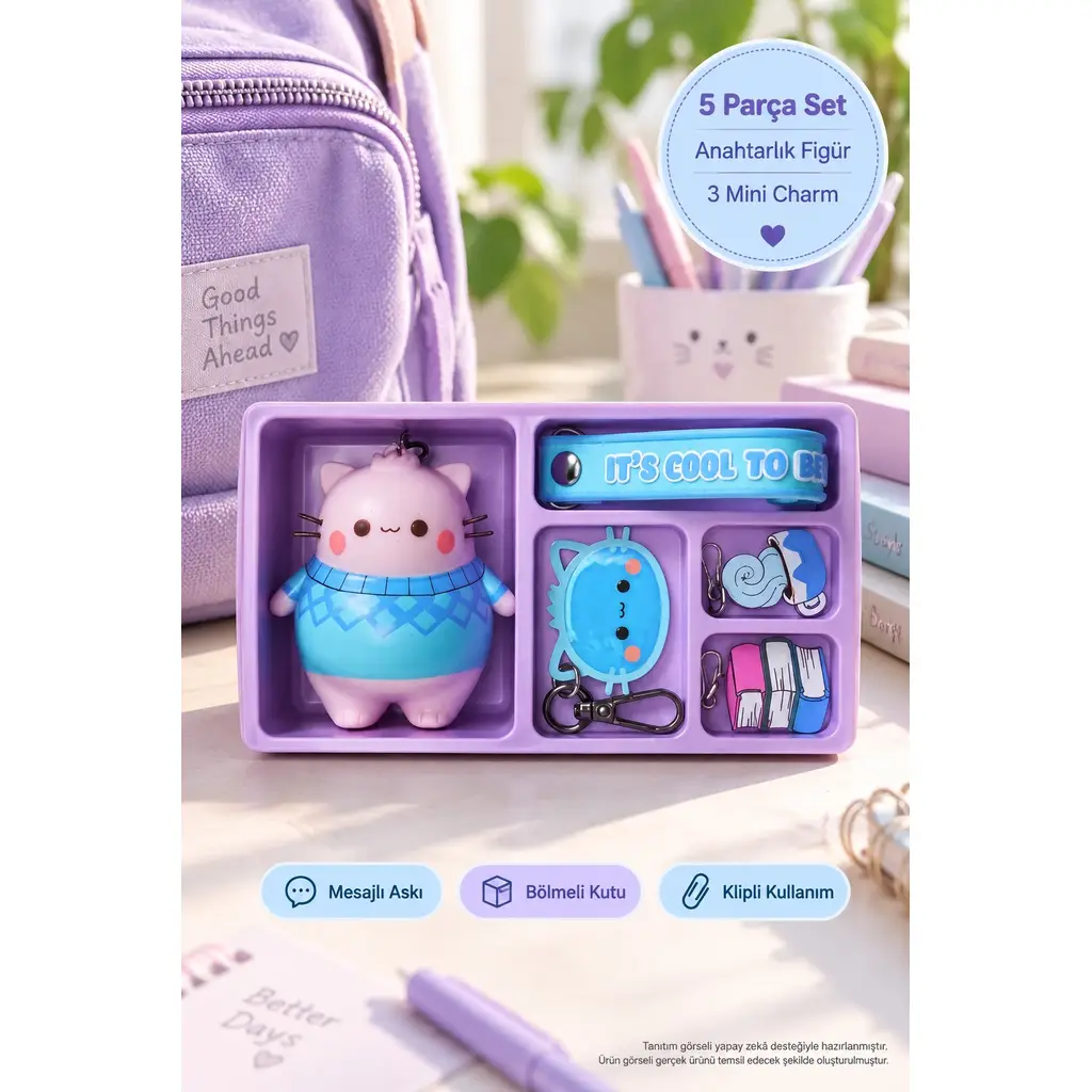 Pembe the Pink Cat Mystery Bento Box 5 Parça Anahtarlık Figür Charm Seti It's Cool to Care 8 cm