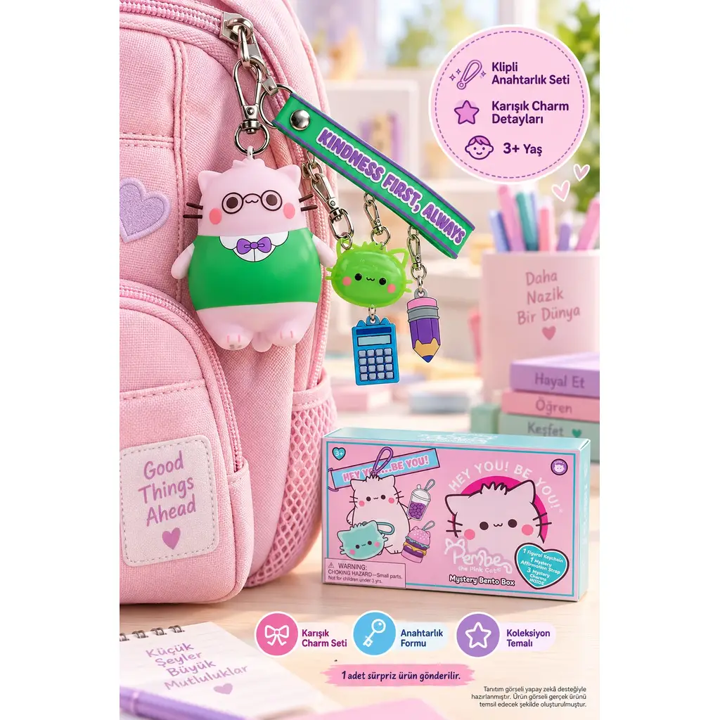 Pembe the Pink Cat Mystery Bento Box 5 Parça Anahtarlık Figür Charm Seti Kindness First Always 8 cm
