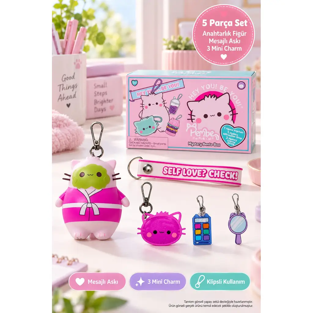 Pembe the Pink Cat Mystery Bento Box 5 Parça Anahtarlık Figür Charm Seti Self Love Check 8 cm