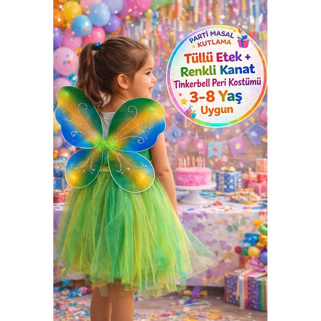 Tinkerbell Peri Kanadı + Tüllü Etek 2 Parça Doğum Günü Parti Kostüm Seti 3-8 YAŞ Arası için Uygundur