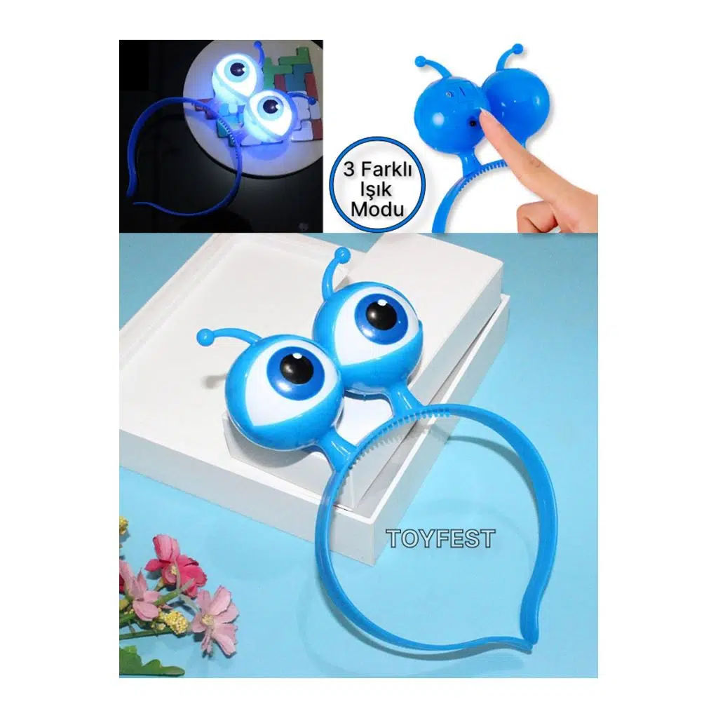 Pilli & Led Işıklı Uzaylı Göz Tacı - Kostüm Parti Taç - 3 Farklı Işık Modlu 18x12 cm - Mavi - 1 ADET