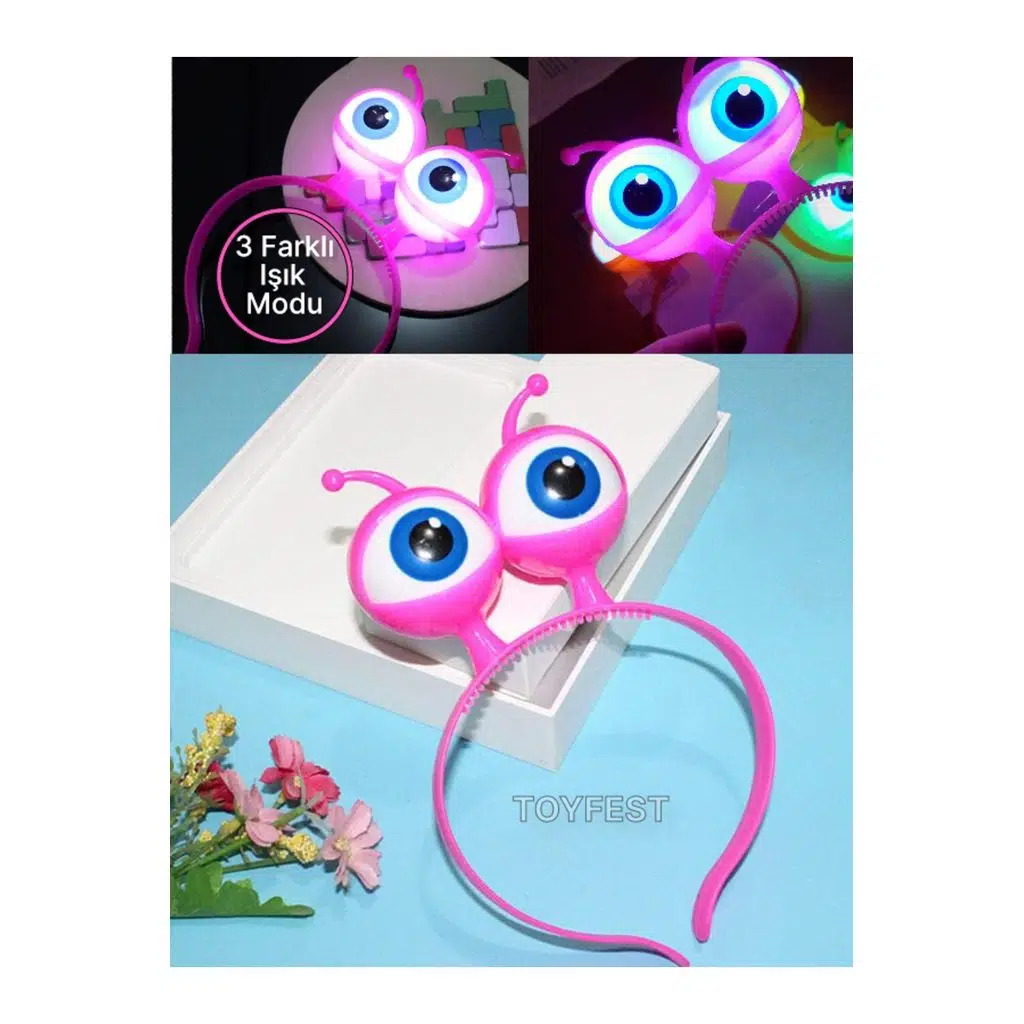 Pilli &Led Işıklı Uzaylı Göz Tacı - Kostüm Parti Taç - 3 Farklı Işık Modlu 18x12 cm - Pembe - 1 ADET