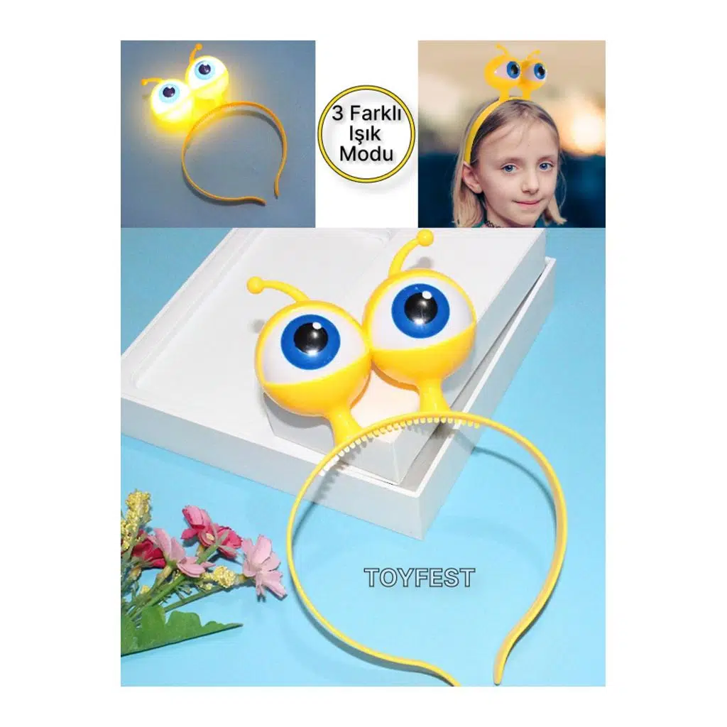 Pilli & Led Işıklı Uzaylı Göz Tacı - Kostüm Parti Taç - 3 Farklı Işık Modlu 18x12 cm - Sarı - 1 ADET