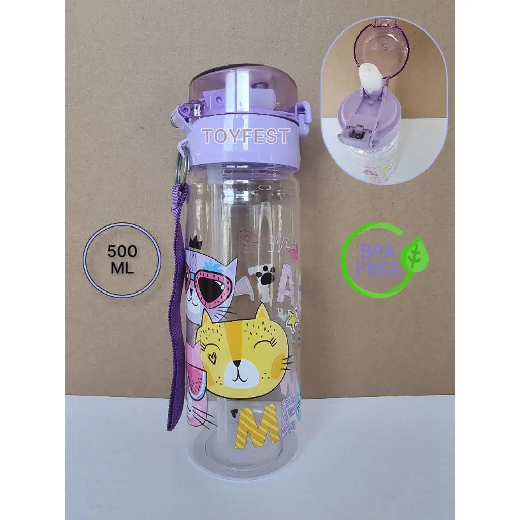 Pipetli Suluk Matara - Kilit Kapaklı Cat Meow Kedi Temalı - 500 ML