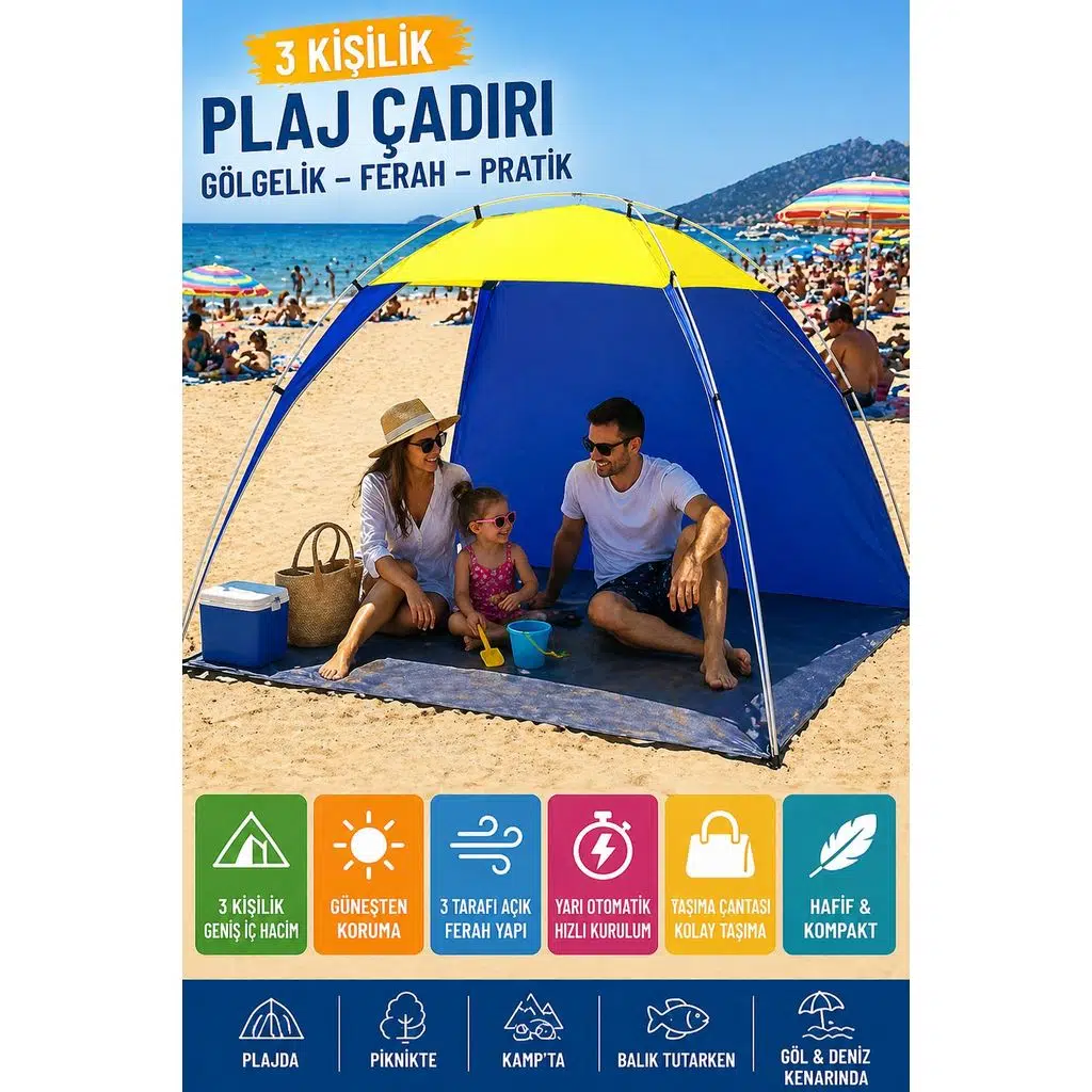 Mavi - Plaj Çadırı Tentesi 200x170x150 cm Yarı Otomatik Gölgelik Kamp Piknik Taşınabilir Tente