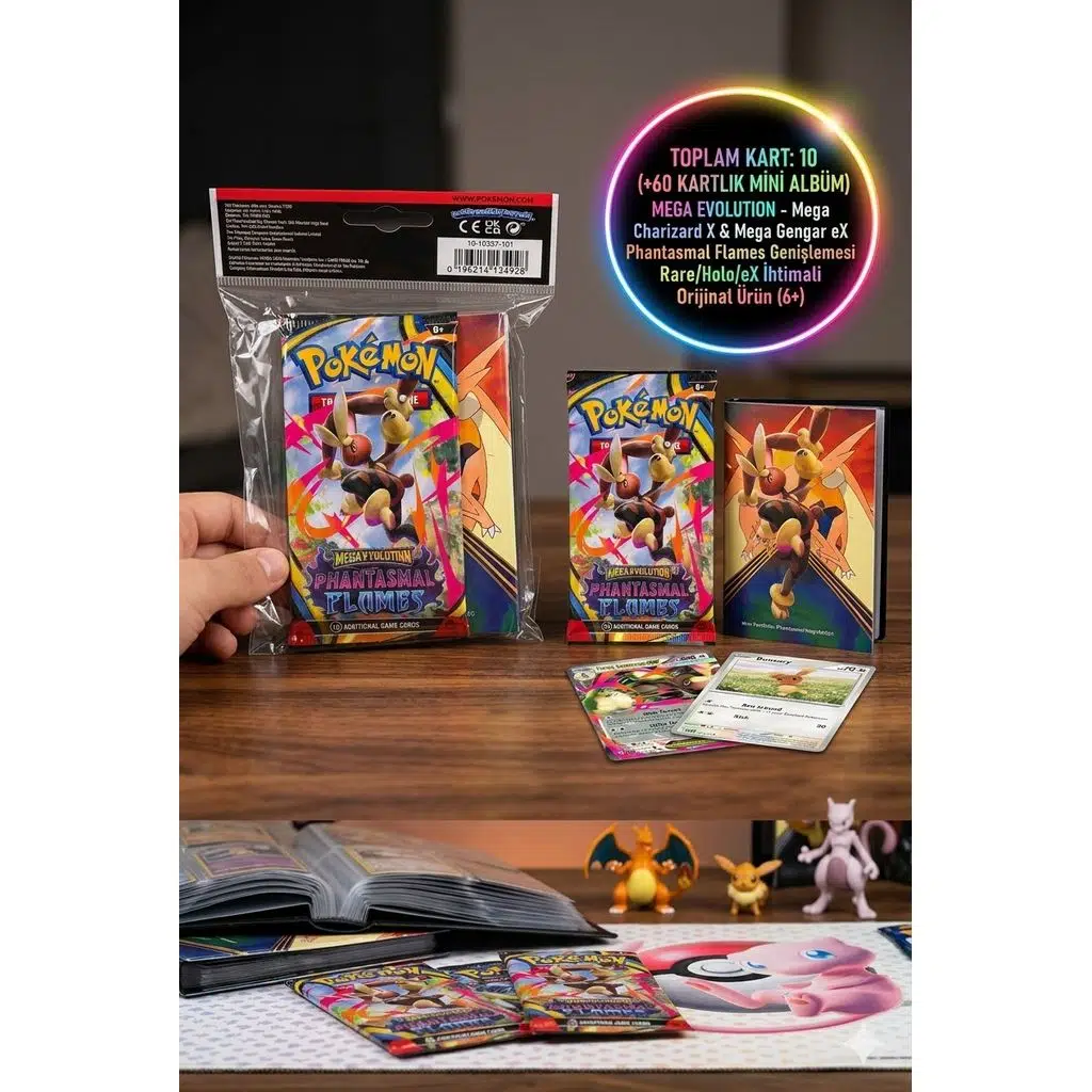 Pokemon Orjinal Lisanslı TCG Mega Evolution Phantasmal Flames 1 Paket 10 Kart Mini Albüm Seti
