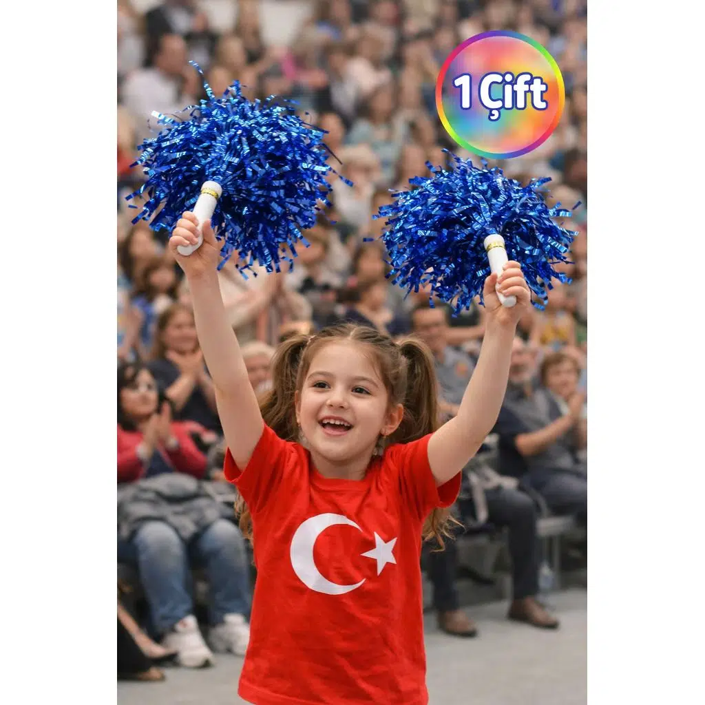 PonPon Metalik Parlak Saks Mavi Amigo Sopalı Dayanıklı Hafif Tezahürat Ponponu 1 Çift