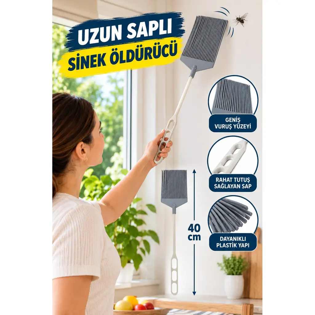 Uzun Saplı Sinek Öldürücü Manuel Sinek Raketi Geniş Yüzeyli Plastik Sineklik 40 cm