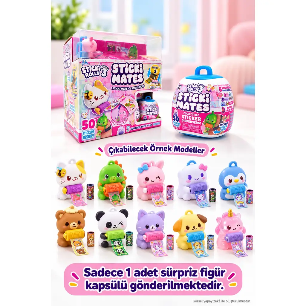 Sticki Rolls Sürpriz Sticker Figürü Sticki Mates Series 3 50 Stickerlı Koleksiyon 1 Adet 7,5 cm