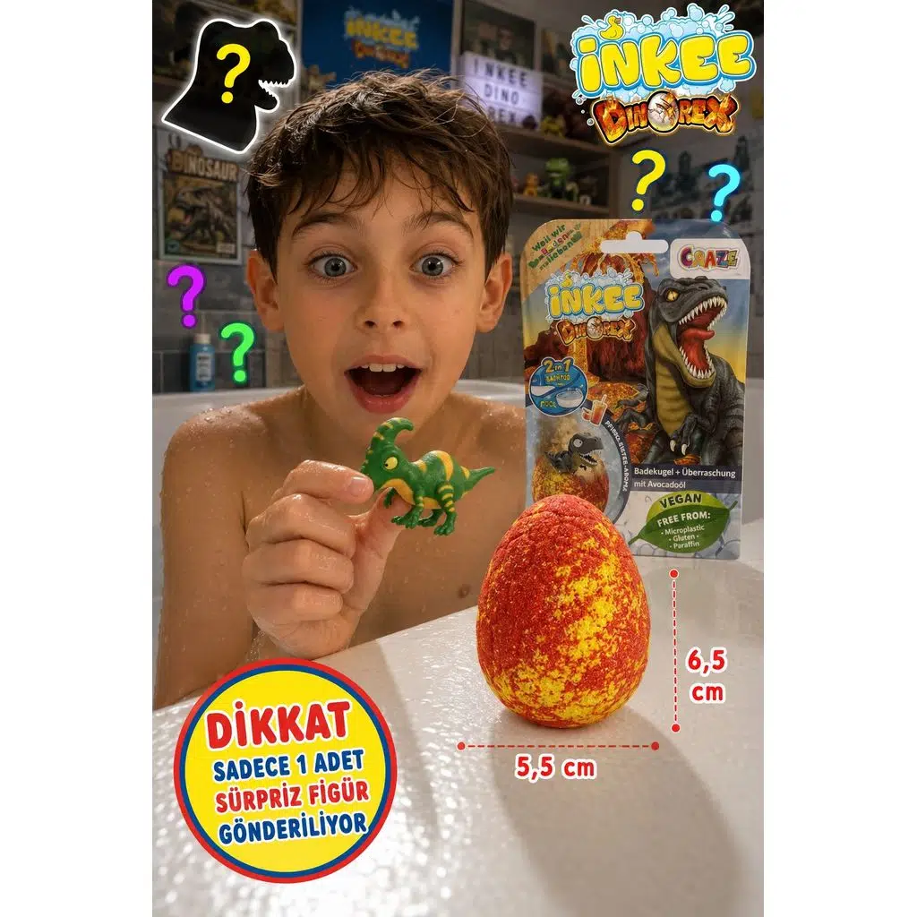 Sürpriz Dinozor Temalı Banyo Bombası INKEE Craze 6 Figür Avokado Yağlı Vegan 100g 5,5x6,5 cm