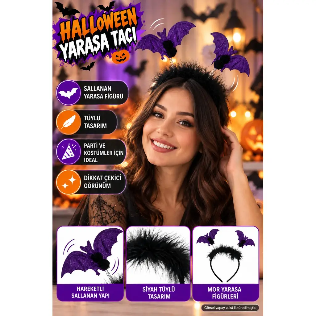 Halloween Yarasa Tacı Mor Sallanan Yarasalı Tüylü Cadılar Bayramı Parti Kostüm Tacı