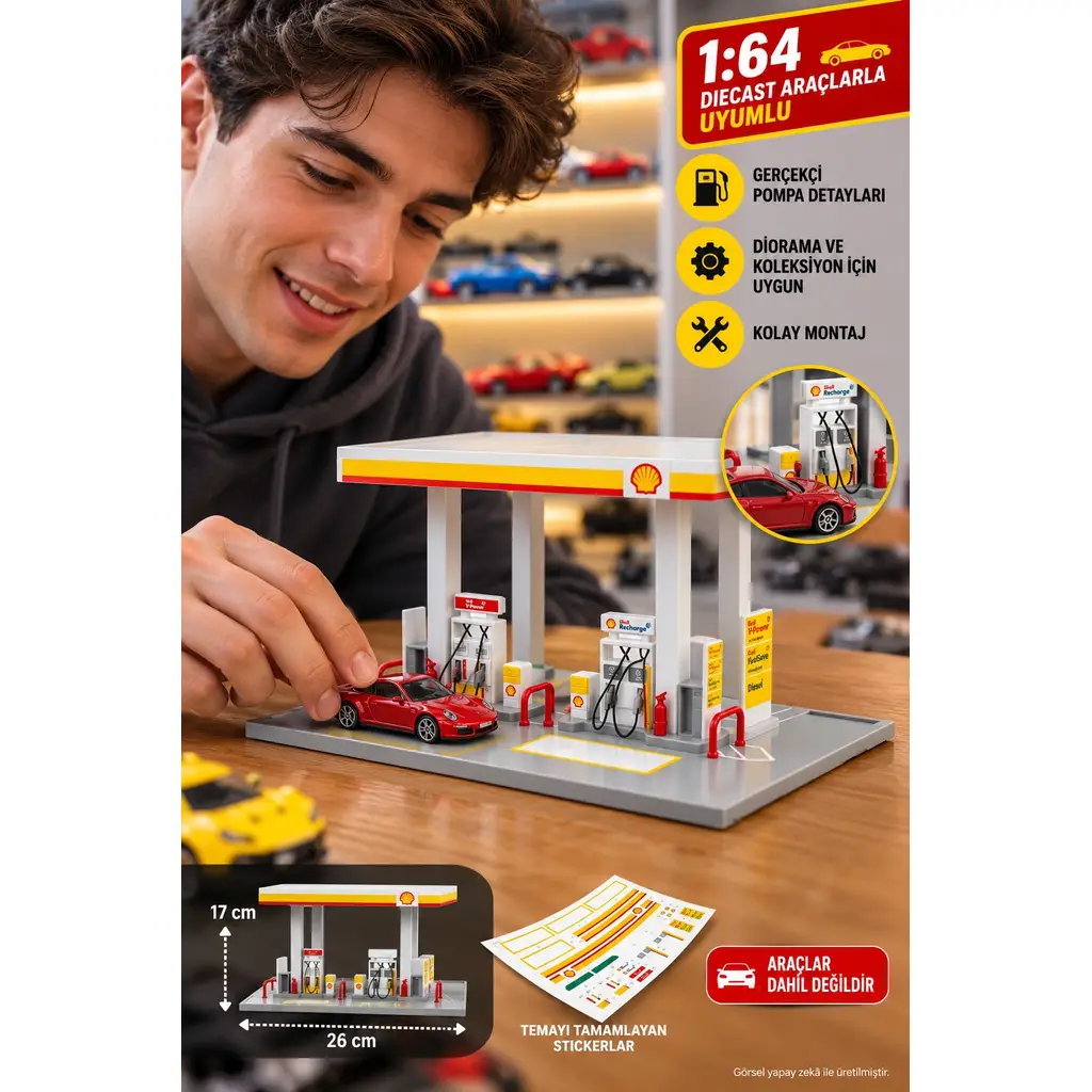 Shell 1:64 Benzin İstasyonu Diorama Maketi Diecast Araç Uyumlu Oyun Seti