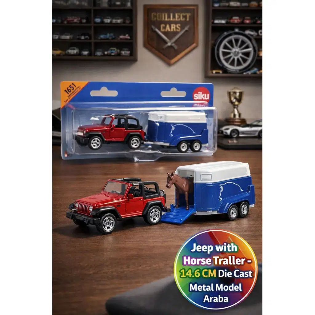 Siku 1651 Jeep Wrangler 4x4 At Taşıma Römorklu Metal Oyuncak Araba At Figürlü Koleksiyon Set 14.6 CM