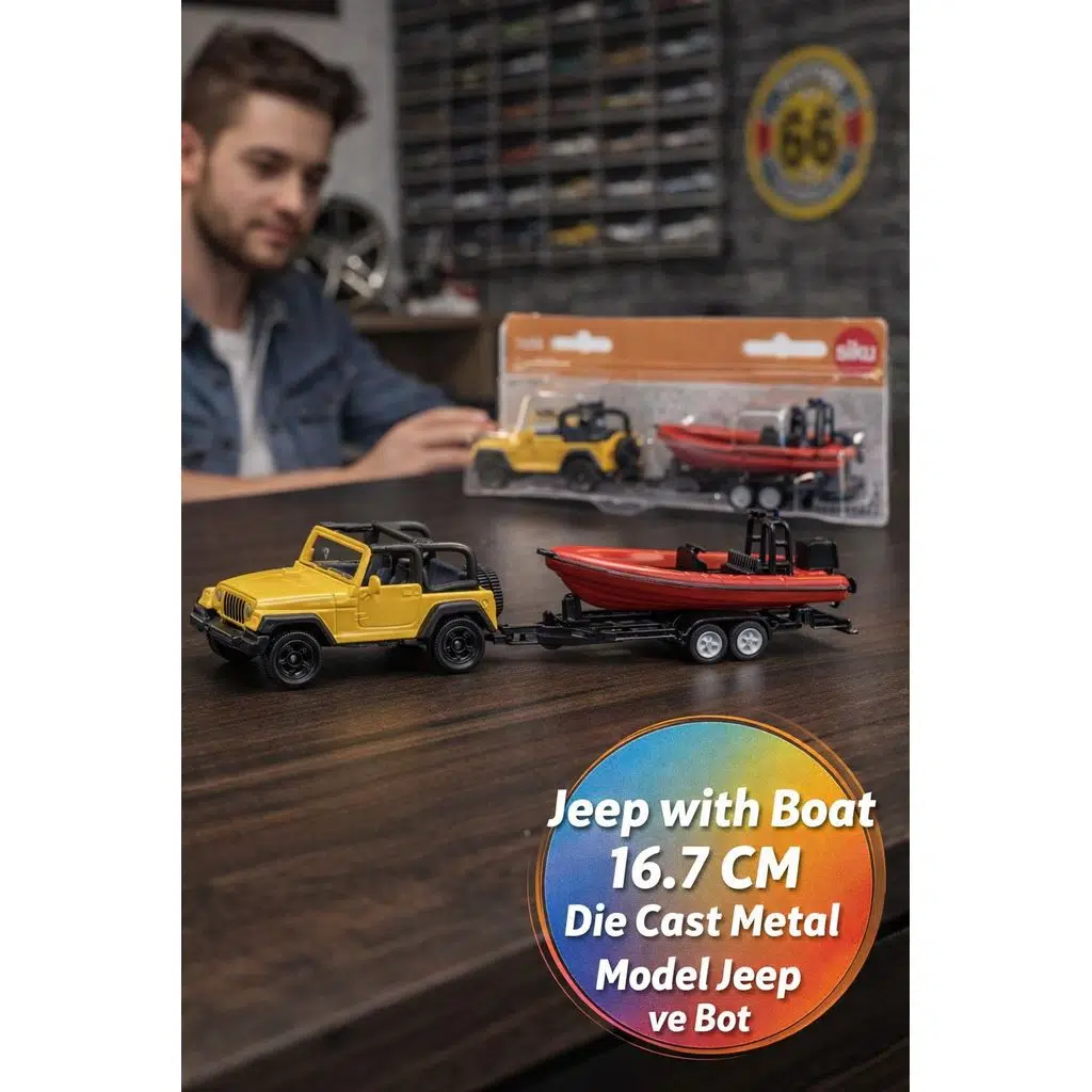Siku Jeep Wrangler Tekneli Römorklu Die Cast Metal Oyuncak Araba Tekne Seti 4x4 Sarı Kırmızı 16.7 CM
