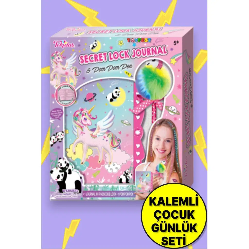 Tokidas Secret Lock Journal & Pom Pom Pen- Panda Unicorn Temalı Gizli Kilitli Pom Pom Kalemli Günlük