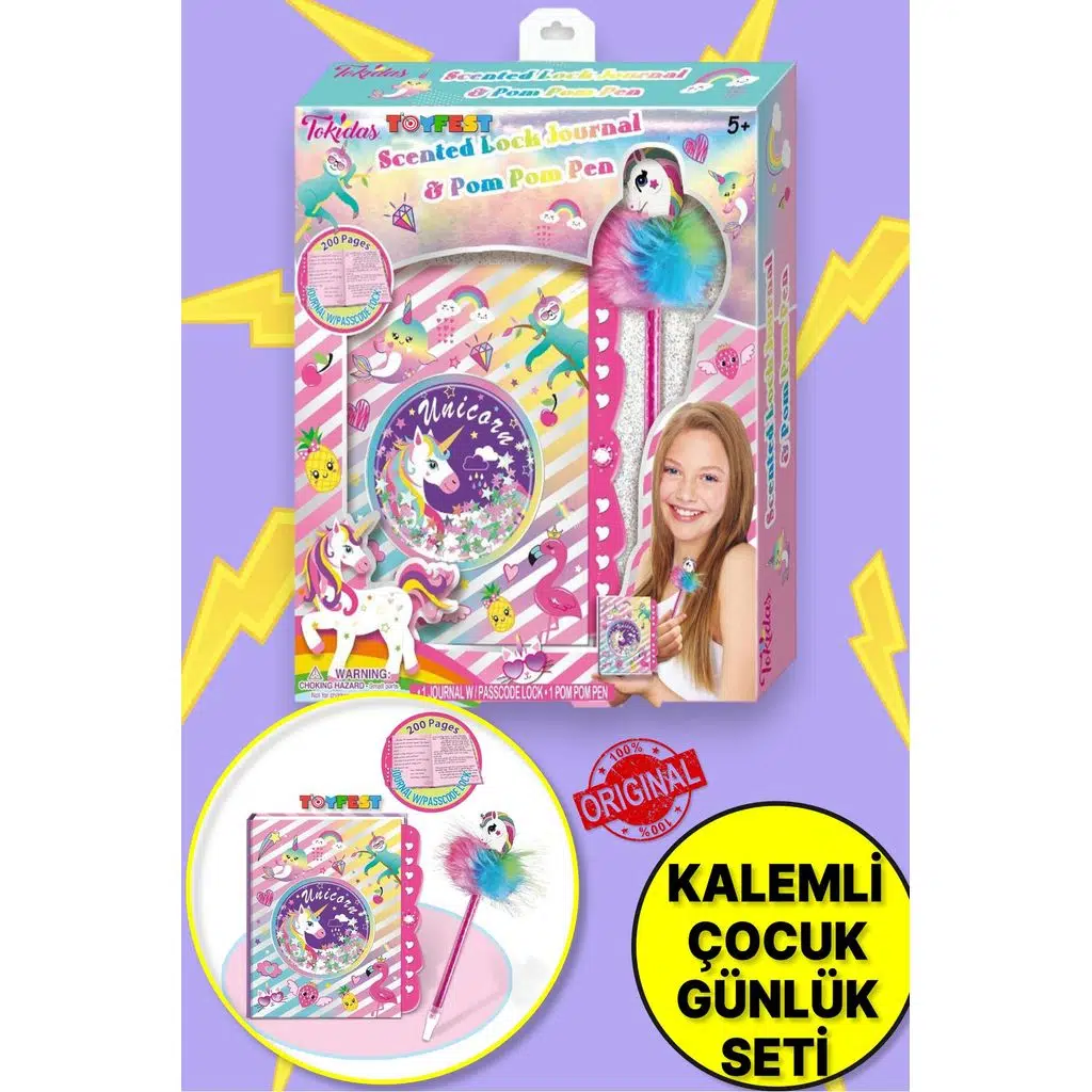 Tokidas Secret Lock Journal & Pom Pom Pen - Unicorn Temalı Gizli Kilitli Pom Pom Kalemli Günlük T108UN
