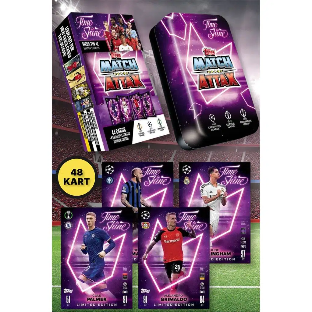 Topps Match Attax 24-25 UEFA Metal Kutulu Futbolcu Kartları Mega Tin Box - 48 Kart (Mor Kutulu)
