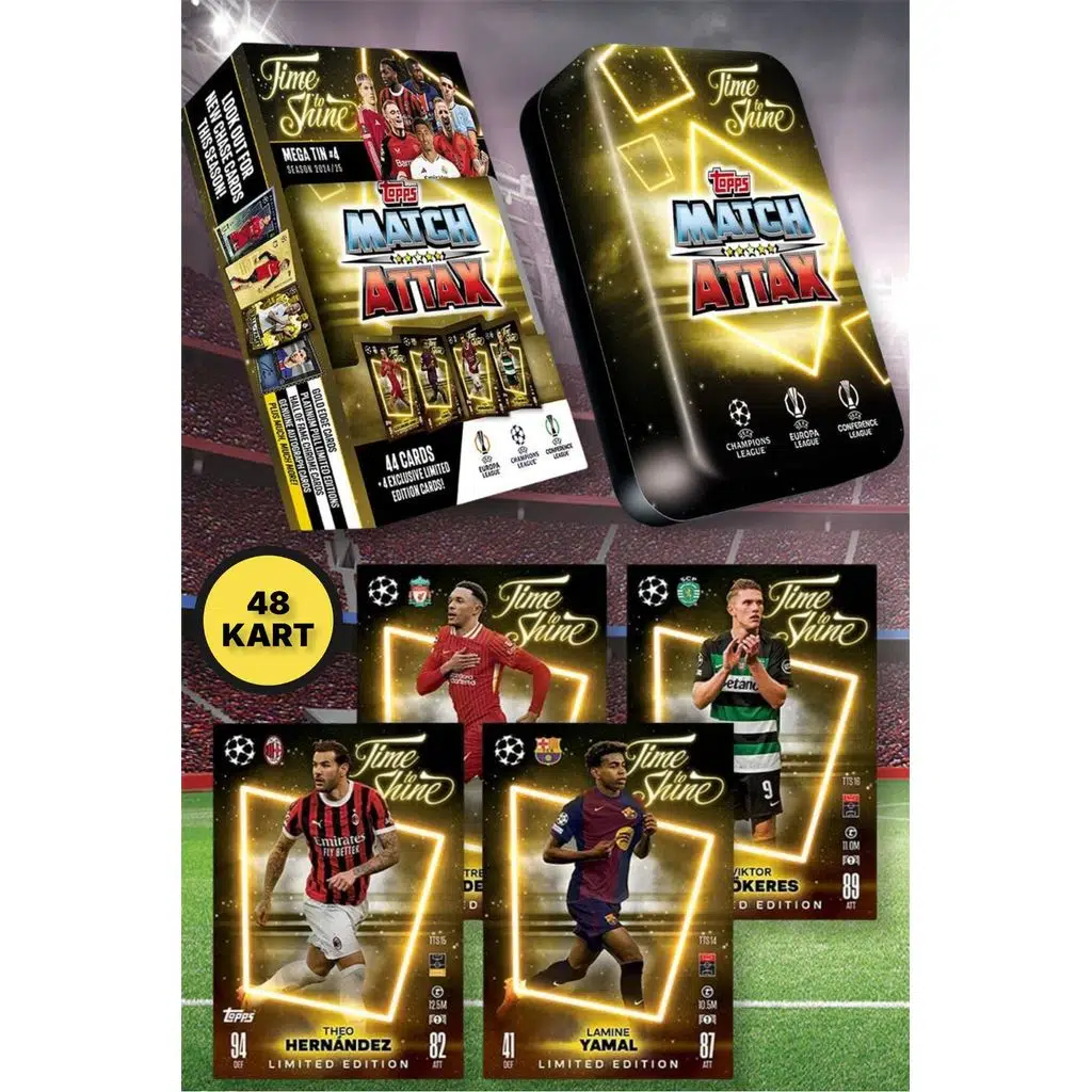Topps Match Attax 24-25 UEFA Metal Kutulu Futbolcu Kartları Mega Tin Box - 48 Kart (Sarı Kutulu)