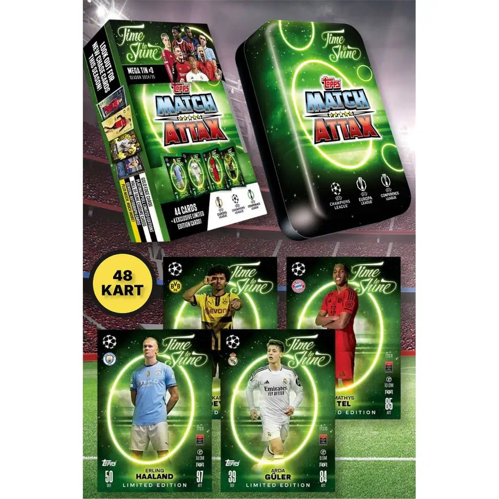 Topps Match Attax 24-25 UEFA Metal Kutulu Futbolcu Kartları Mega Tin Box - 48 Kart (Yeşil Kutulu)