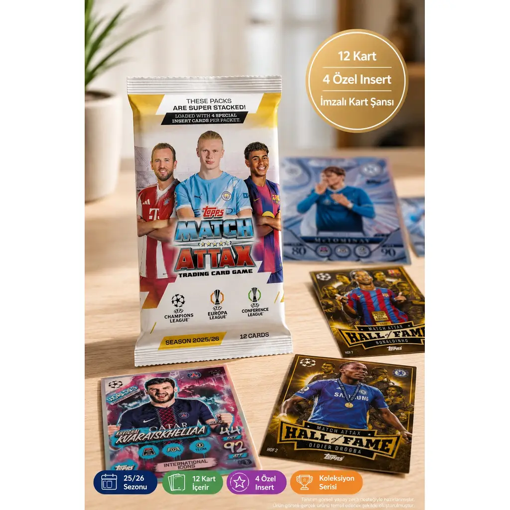 Topps Match Attax 25/26 UEFA Futbol Koleksiyon Kartı 1 Adet Sürpriz Paket 12 Kart 4 Özel Insert