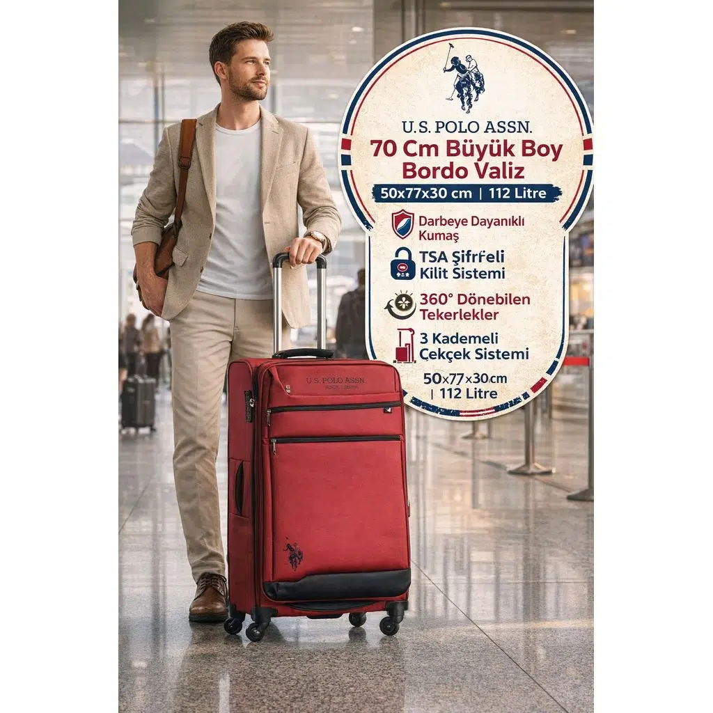U.S. Polo Assn 70 Cm Büyük Boy Bordo Valiz 112 Litre TSA Şifreli 4 Tekerlek Kumaş