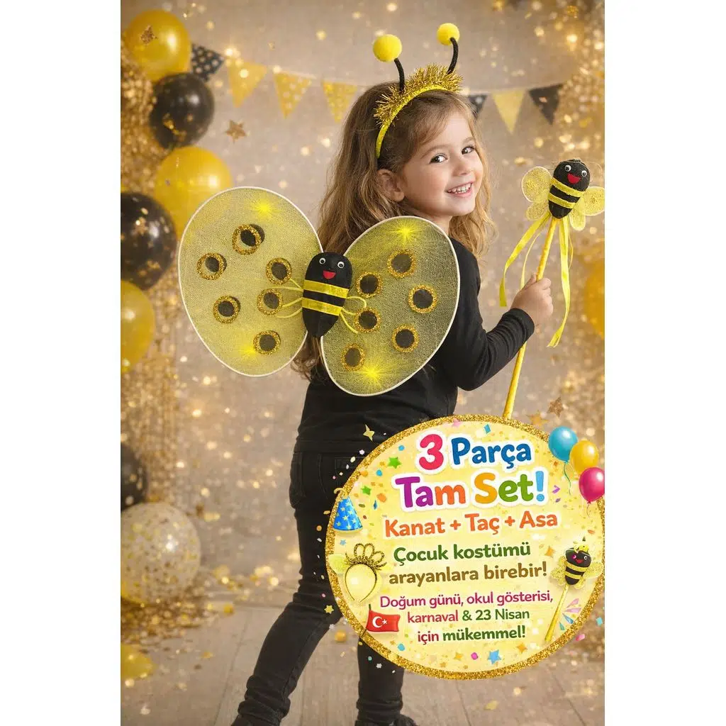 Bal Arısı Kostüm Seti (Kanat+Taç+Asa) Tül Kanatlar Çocuk | 3-8 YAŞ Arası için Uygundur
