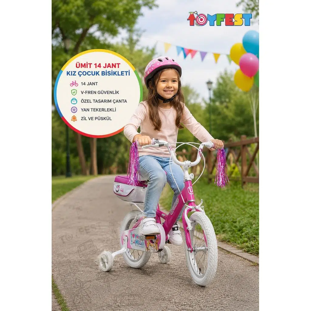 14 Jant Kız Çocuk Bisikleti V Fren Yan Tekerlekli Çantalı Beyaz-Pembe 98x50 cm - 3-6 Yaş Arası