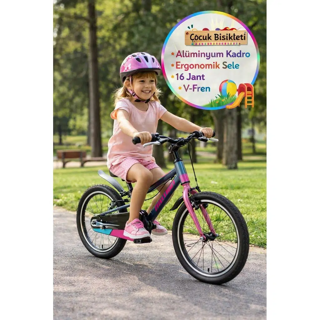 16 Jant Çocuk Bisikleti Antrasit Pembe Alüminyum Kadro V Fren Ergonomik Seleli