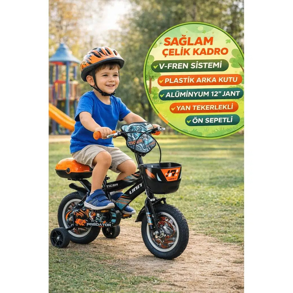 Tiger Predator 12 Jant Çocuk Bisikleti Siyah Turuncu Sepetli Yan Tekerlekli Arka Kutulu 9.50 Kg