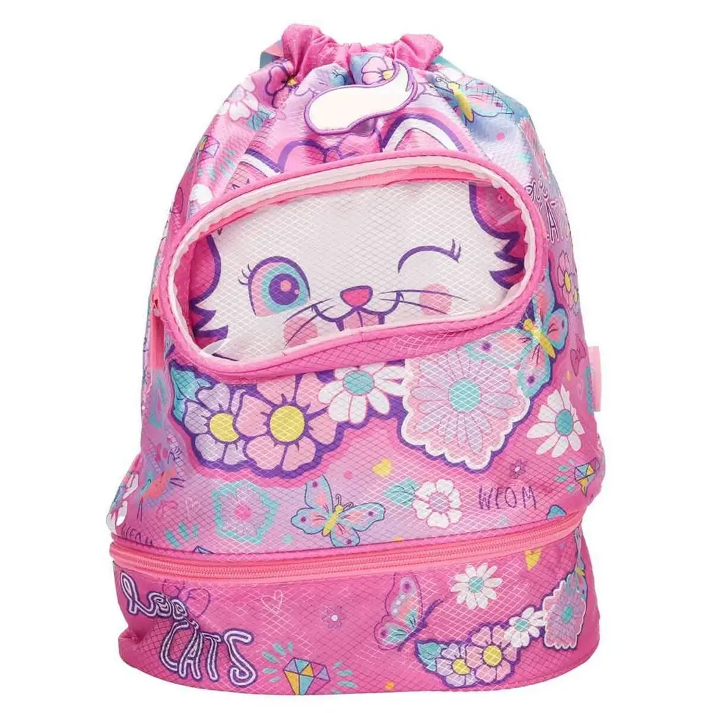 Vest Kedi Desenli Pembe Büzgülü Anaokulu Çantası