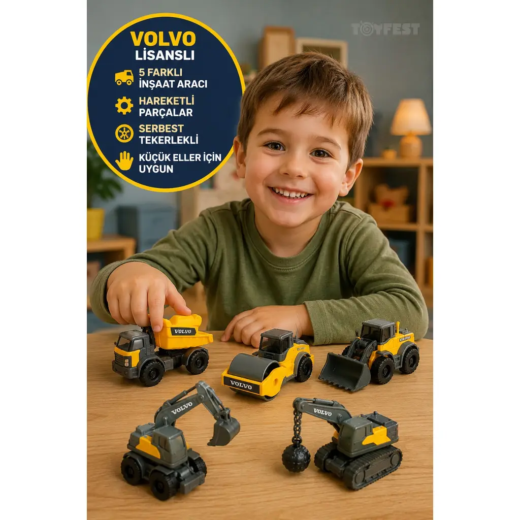 Volvo Lisanslı Micro Workers Mini İnşaat Araçları 5'li Set Hareketli Serbest Teker 9 Cm