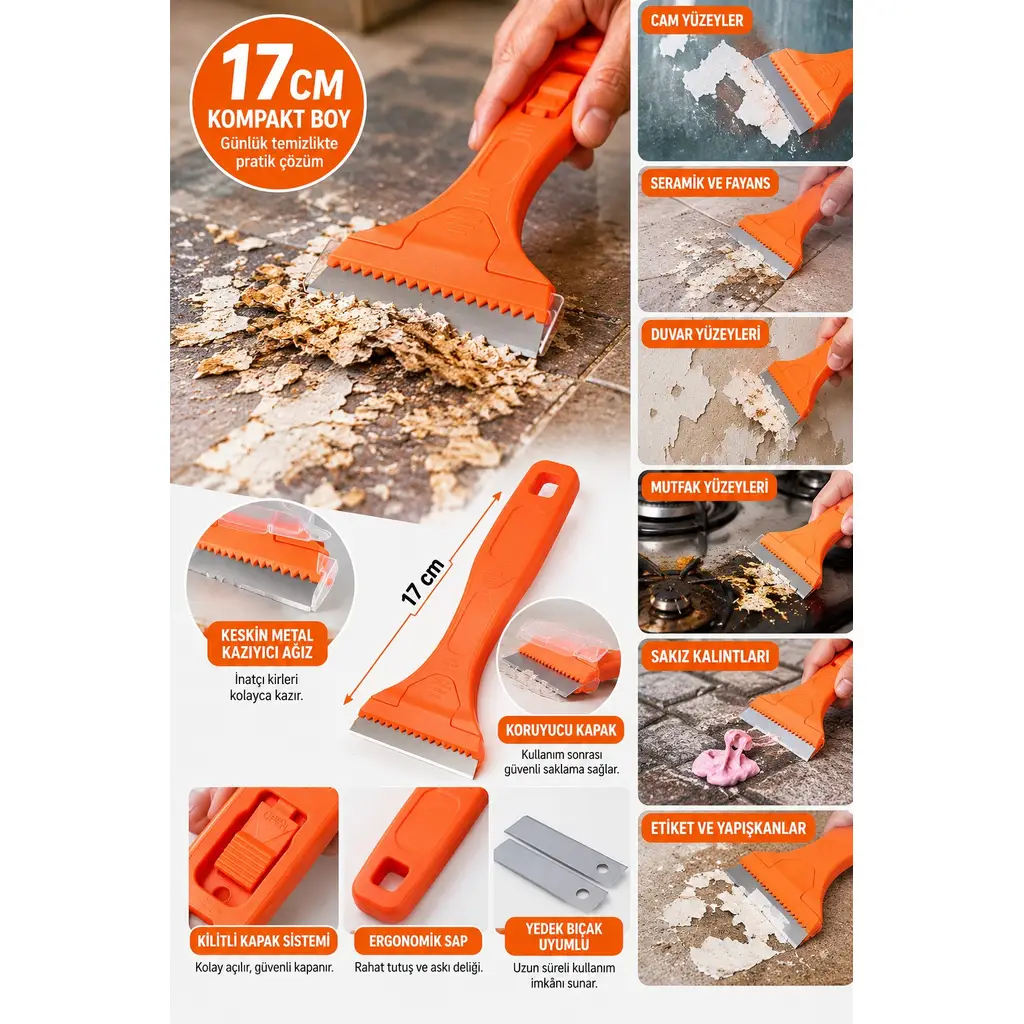 Yüzey Kazıyıcı Metal Bıçaklı Cam Etiket Boya Yapışkan Kazıma Temizleme Aparatı 17 cm