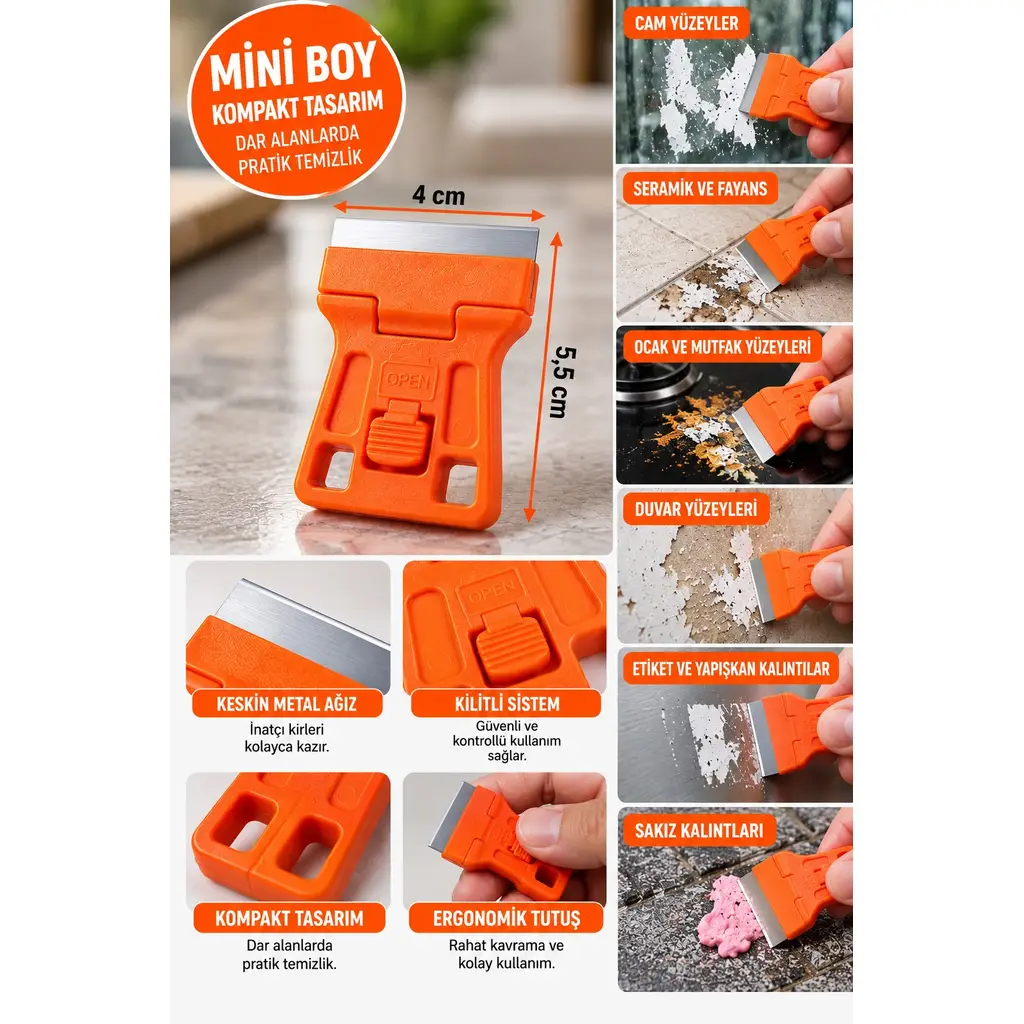Mini Yüzey Kazıyıcı Değiştirilebilir Jiletli Cam Ocak Fayans Etiket Temizleyici 5.5 cm